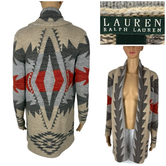 Lauren Ralph Lauren Womens XS Sweater Wool Blend Western Aztec Open Cardigan